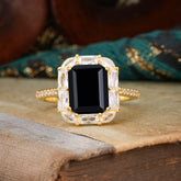 4CT Emerald Cut Black Onyx Engagement Ring Pave Halo Bridal Ring
